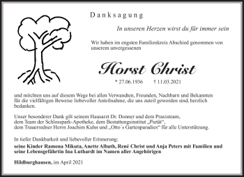 Traueranzeige von Horst Christ von Südthüringer Presse