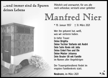 Traueranzeige von Manfred Nier von Südthüringer Presse