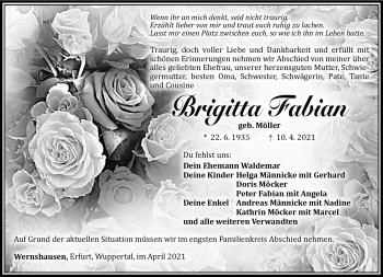 Traueranzeige von Brigitta Fabian von Südthüringer Presse