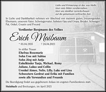 Traueranzeige von Erich Maibaum von Südthüringer Presse