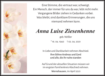 Traueranzeige von Anna Luise Ziesenhenne von Südthüringer Presse