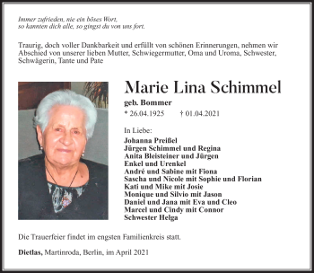 Traueranzeige von Marie Lina Schimmel von Südthüringer Presse