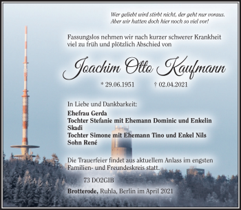 Traueranzeige von Joachim Kaufmann von Südthüringer Presse
