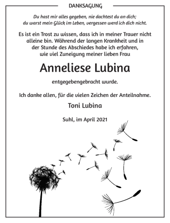 Traueranzeige von Anneliese Lubina von Südthüringer Presse