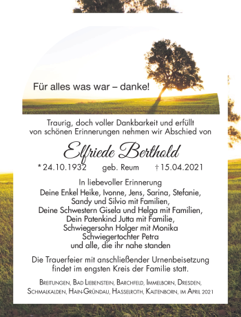 Traueranzeige von Elfriede Berthold von Südthüringer Presse