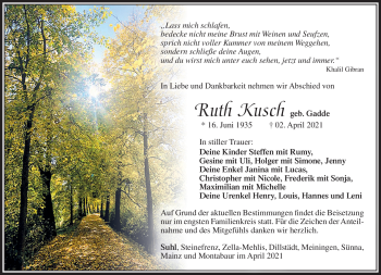 Traueranzeige von Ruth Kusch von Südthüringer Presse