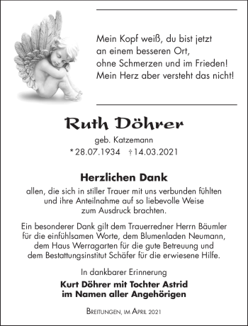 Traueranzeige von Ruth Döhrer von Südthüringer Presse