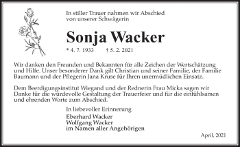 Traueranzeige von Sonja Wacker von Südthüringer Presse