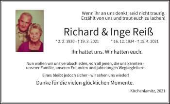 Traueranzeige von RichardInge ReißReiß von Frankenpost