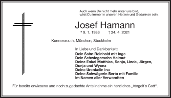 Traueranzeige von Josef Hamann von Frankenpost