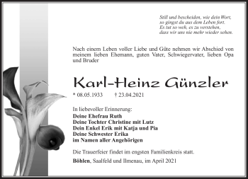 Traueranzeige von Karl-Heinz Günzler von Südthüringer Presse