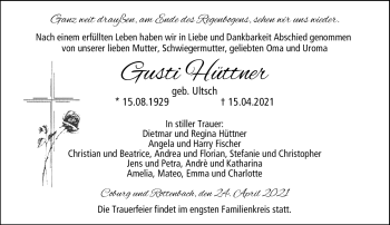 Traueranzeige von Gusti Hüttner von Neue Presse Coburg
