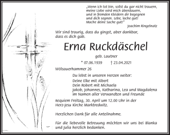 Traueranzeige von Erna Ruckdäschel von Frankenpost