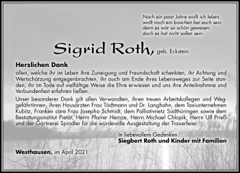 Traueranzeige von Sigrid Roth von Südthüringer Presse