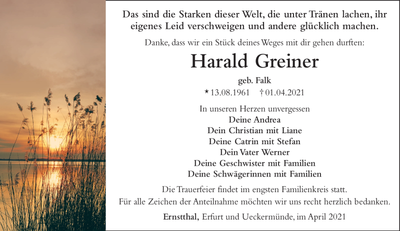  Traueranzeige für Harald Greiner vom 10.04.2021 aus Südthüringer Presse