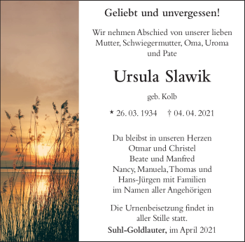 Traueranzeige von Ursula Slawik von Südthüringer Presse