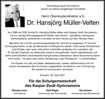 Traueranzeige von Hansjörg Dr. Müller-Velten von Neue Presse Coburg