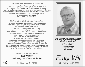 Traueranzeige von Elmar Will von Südthüringer Presse