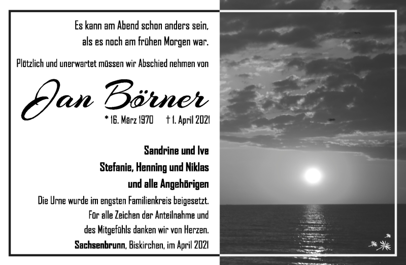  Traueranzeige für Jan Börner vom 24.04.2021 aus Südthüringer Presse