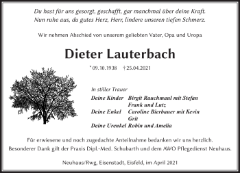 Traueranzeige von Dieter Lauterbach von Südthüringer Presse