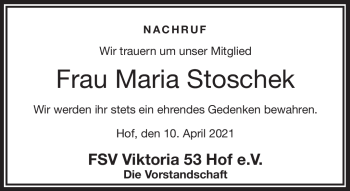 Traueranzeige von Maria Stoschek von Frankenpost