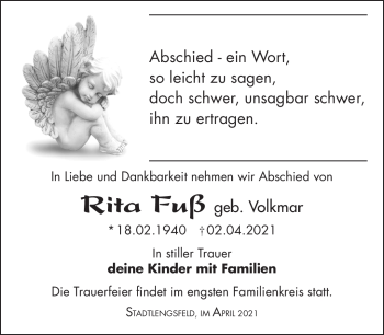 Traueranzeige von Rita Fuß von Südthüringer Presse