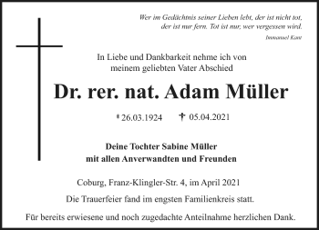 Traueranzeige von Adam Müller von Neue Presse Coburg