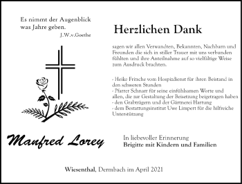 Traueranzeige von Manfred Lorey von Südthüringer Presse