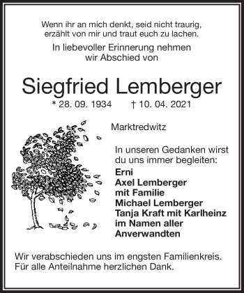 Traueranzeige von Siegfried Lemberger von Frankenpost