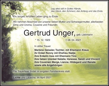 Traueranzeige von Gertrud Unger von Südthüringer Presse