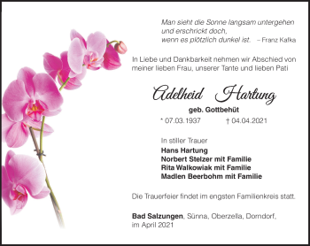Traueranzeige von Adelheid Hartung von Südthüringer Presse