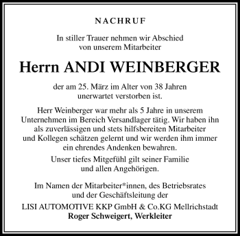 Traueranzeige von Andi Weinberger von Südthüringer Presse