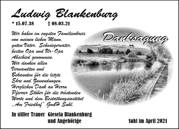 Traueranzeige von Ludwig Blankenburg von Südthüringer Presse