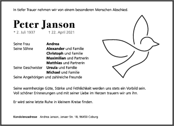 Traueranzeige von Peter Janson von Neue Presse Coburg