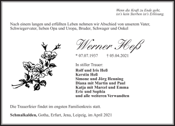 Traueranzeige von Werner Heß von Südthüringer Presse
