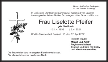 Traueranzeige von Liselotte Pfeifer von Frankenpost