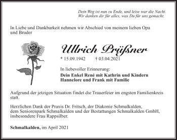 Traueranzeige von Ullrich Prüßner von Südthüringer Presse