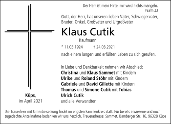 Traueranzeige von Klaus Cutik von Neue Presse Coburg