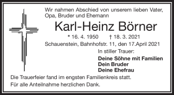 Traueranzeige von Karl-Heinz Börner von Frankenpost