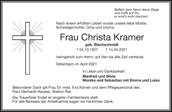 Traueranzeige von Christa Kramer von Frankenpost