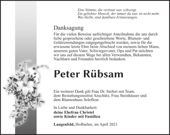 Traueranzeige von Peter Rübsam von Südthüringer Presse