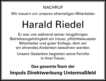 Traueranzeige von Harald Riedel von Südthüringer Presse