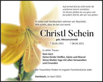 Traueranzeige von Christl Schein von Südthüringer Presse