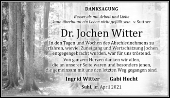 Traueranzeige von Jochen Witter von Südthüringer Presse