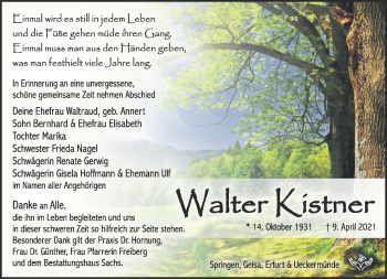 Traueranzeige von Walter Kister von Südthüringer Presse