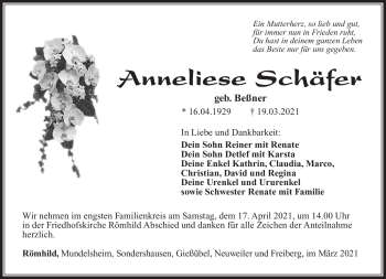 Traueranzeige von Anneliese Schäfer von Südthüringer Presse