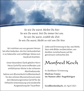Traueranzeige von Manfred Koch von Südthüringer Presse