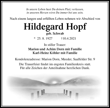 Traueranzeige von Hildegard Hopf von Neue Presse Coburg