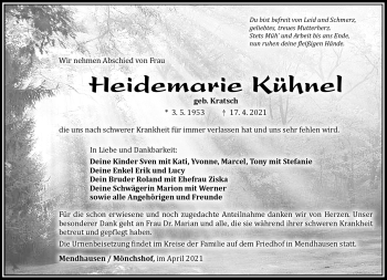 Traueranzeige von Heidemarie Kühnel von Südthüringer Presse