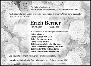 Traueranzeige von Erich Berner von Südthüringer Presse
